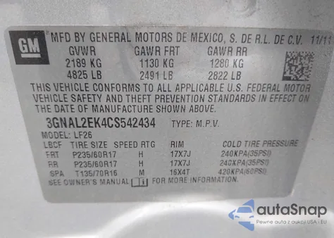 2012 Chevrolet Captiva Sport 2Ls из США, поврежденный, VIN 3GNAL2EK4CS542434